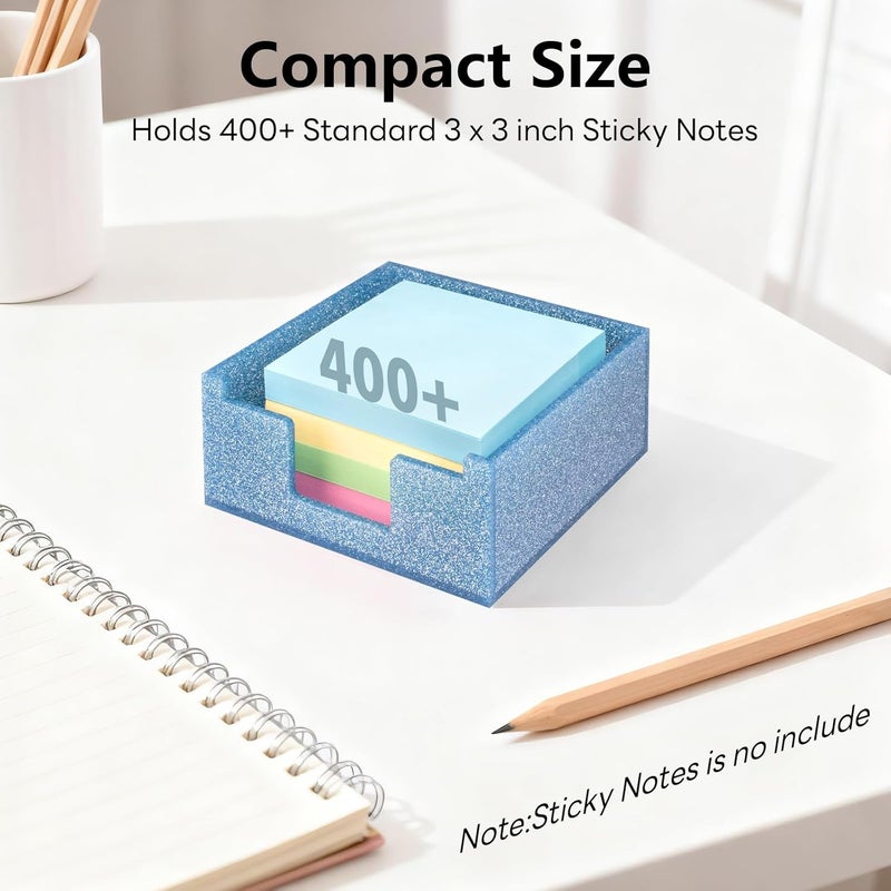 Luminzo Blue Sparkling Sticky Note Holder, Glitter Acrylic Organizer, 3.94 x 3.94 in Multi-Use Tray for Office, School & Home Desk - Image 3